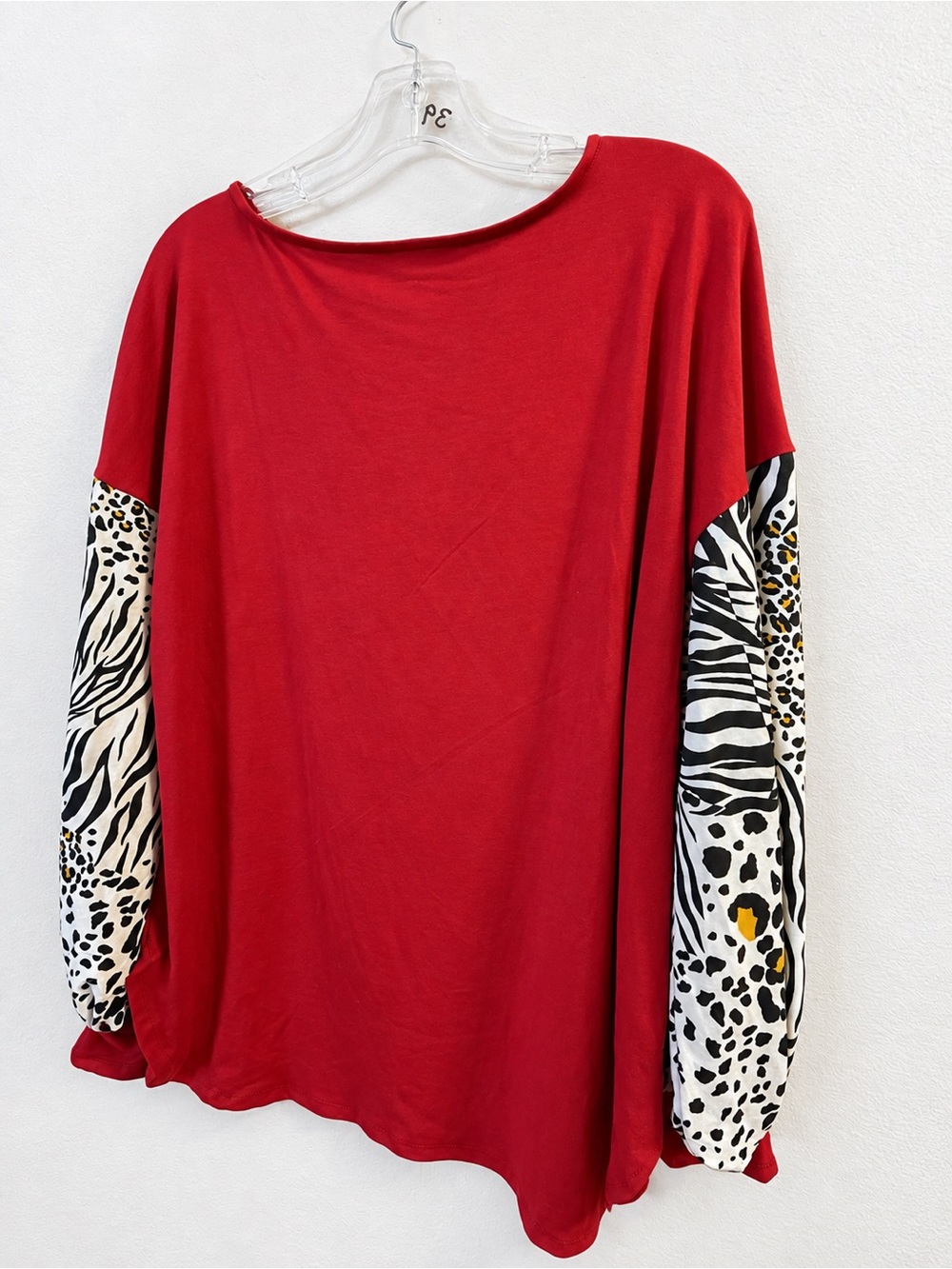 Emerald Red Top with Animal-Print Balloon Sleeves